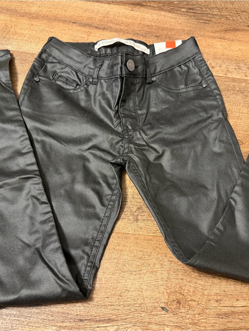 NWT Supertrash Girls Black Coated Skinny Pants 10 Coated Denim Faux Leather 140